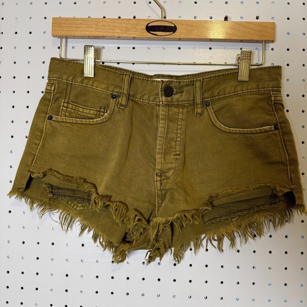We The Free Cutoff Shorts Womens 25 Olive Green Denim  Button Fly Good Vibration